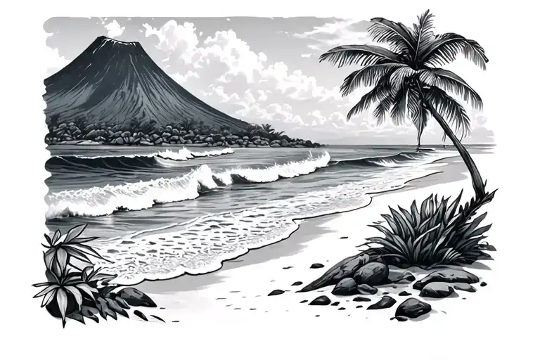 Hawaii beach and volcano tattoo design idea