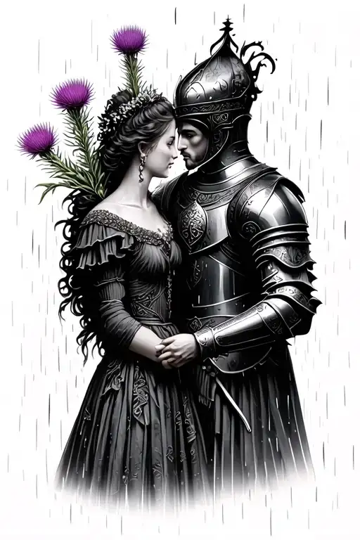 SCOTTISH knight picking Scottish thistle to give to his queen who is standing in the rain making her dress see through  tattoo design idea