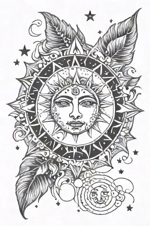 sun with a beautiful face in line with 3 moon phases surrounded by tiny stars. celestial scene, bohemian. tattoo design idea