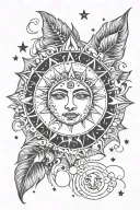 sun with a beautiful face in line with 3 moon phases surrounded by tiny stars. celestial scene, bohemian. tattoo design idea
