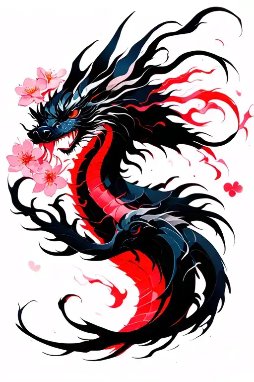 Cherry Blossom Red and Dragon of abstract black winds tattoo design idea
