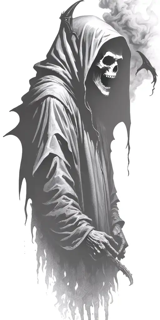 hooded reaper silohuette, smoke, fire, scary, bat wings tattoo design idea