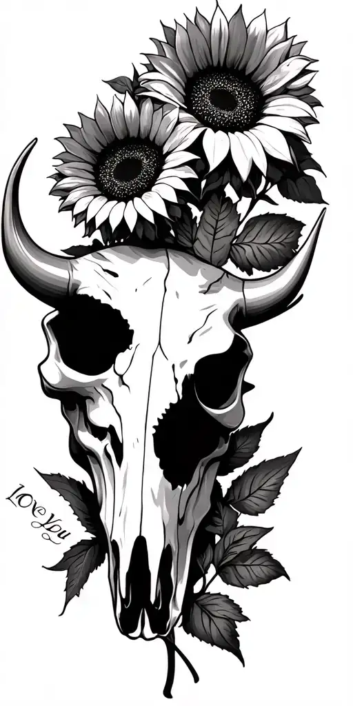 western bull skull/ I love you memorial/ sunflowers tattoo design idea