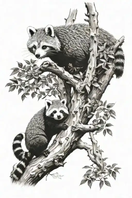 kakapo and red panda climbing a tree, a wild boar stands at the base of the tree tattoo design idea