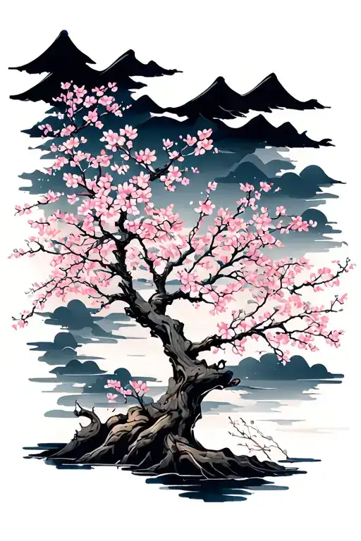 japanese cherry blossom tree and pedals flowing in the wind tattoo design idea
