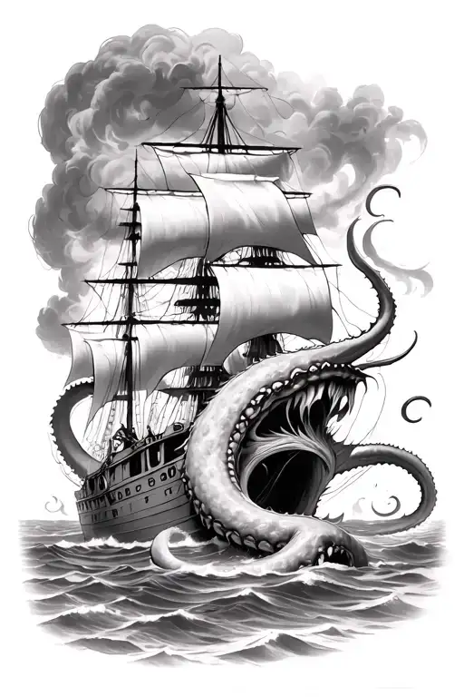 huge kraken destroying a ship underwater tattoo design idea