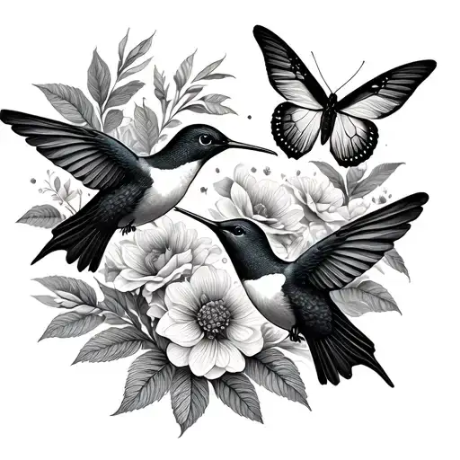 A dotwork pattern of hummingbirds and butterflies forming a seamless floral background tattoo design idea