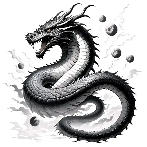 one huge serpent like dragon trying to eat 7 moons while there is a storm of rain and lightning tattoo design idea