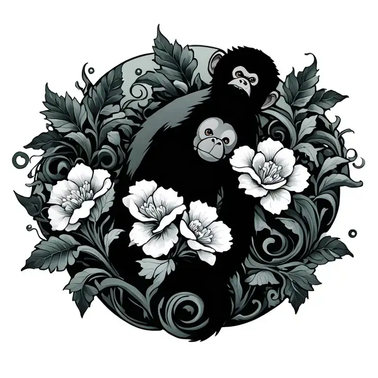 mystical swirly style tattoo of vines and jade flowers with a monkey, it should be very whimsical tattoo design idea