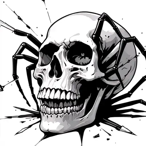 a spider crawling over a shattered skull, a bullet at the point off hitting the bone, making sharp splinter fly off,  tattoo design idea