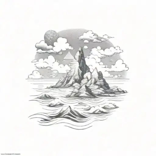 mountain, rocks, sea waves, clouds tattoo design idea