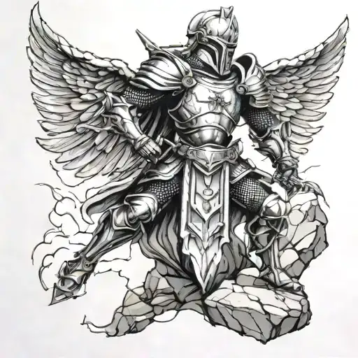a knight with angel wings with one foot on top of a rock and a sword lifted to the sky with lightning in the back tattoo design idea