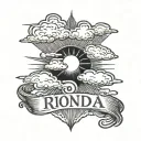 clouds with sun rays with text that says "Rhonda" tattoo design idea