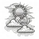 clouds with sun rays with text that says "Rhonda" tattoo design idea