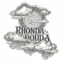 clouds with sun rays with text that says "Rhonda" tattoo design idea