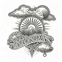 clouds with sun rays with text that says "Rhonda" tattoo design idea