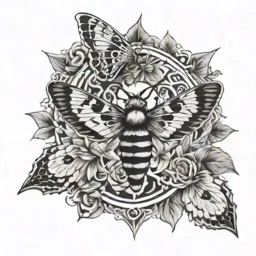Black/gray and white chest tattoo with a Dark theme time pieces intertwined with a deaths head hawk moth tattoo design idea