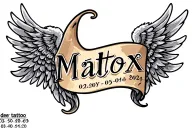 "Mattox 03/05/2019-05/04/2024" angel wings with name and date  tattoo design idea