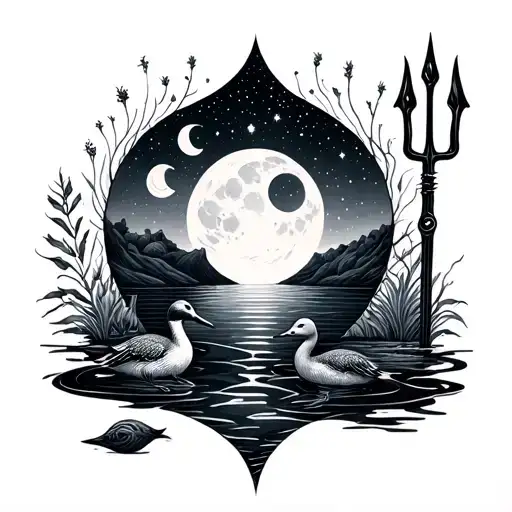 minimalist fine line tattoo of Mandelbrot set with a trident, a duck, the night sky, moon, and aquatic plants tattoo design idea
