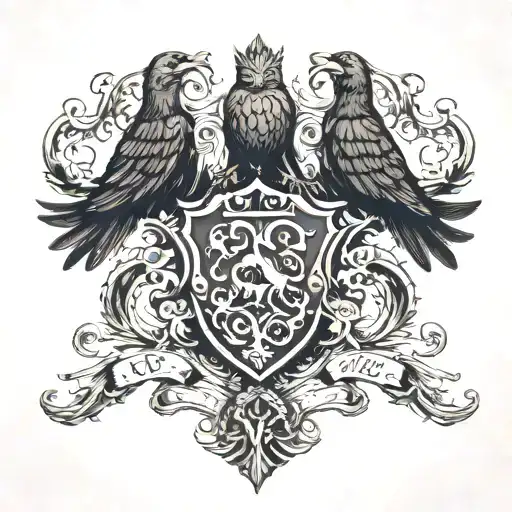 Rooker family crest tattoo incorporating castle crows rookery and the initials RHR MNR JCR JCR JCR tattoo design idea