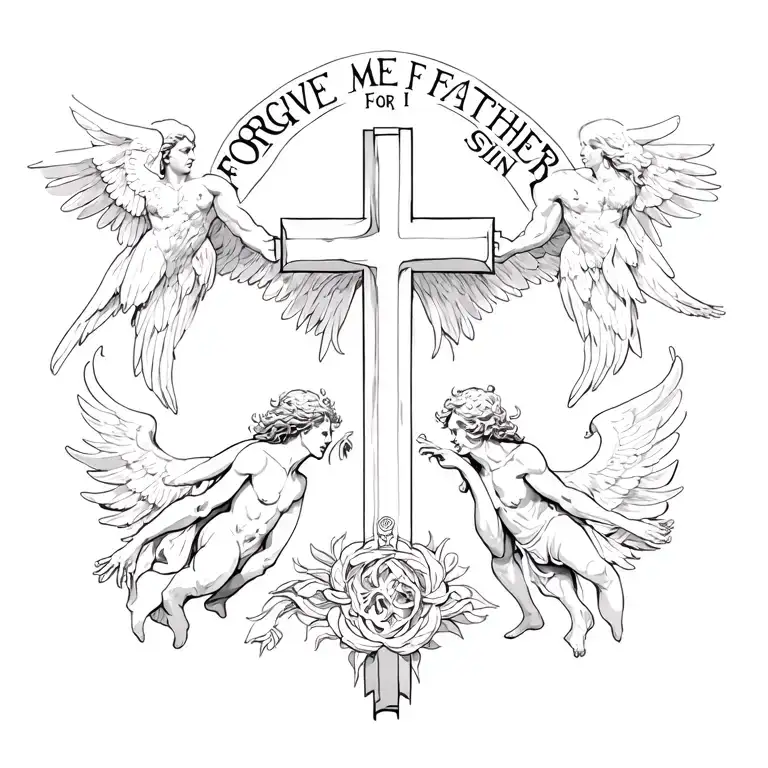 A cross in the middle with angels on one side and demons on the other with the phrase "Forgive Me Father For I Sin"  tattoo design idea