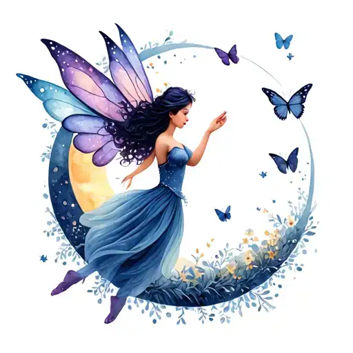 flying fairy, with nature, birds, butterflies, crescent moon in background tattoo design idea
