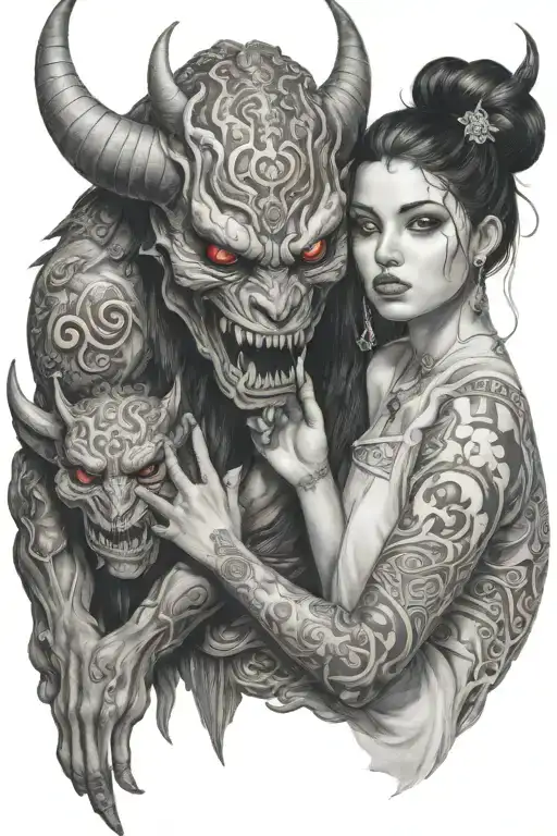 a girl soothing a sad demon beast with red eyes in the disance tattoo design idea
