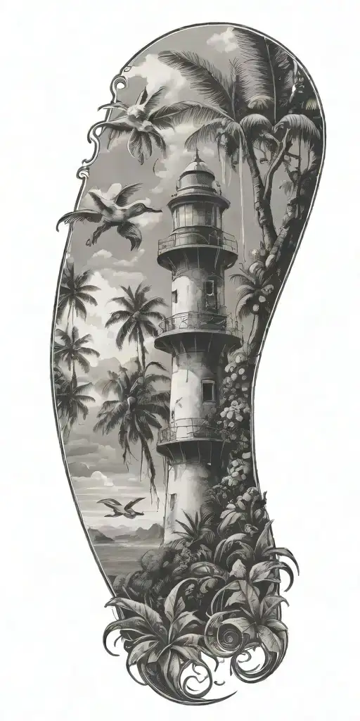 Puerto Rican rain forest landscape with coqui and light house in background tattoo design idea