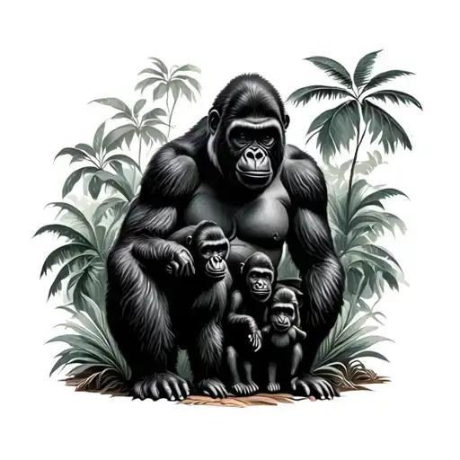 gorilla family playing in jungle tattoo design idea