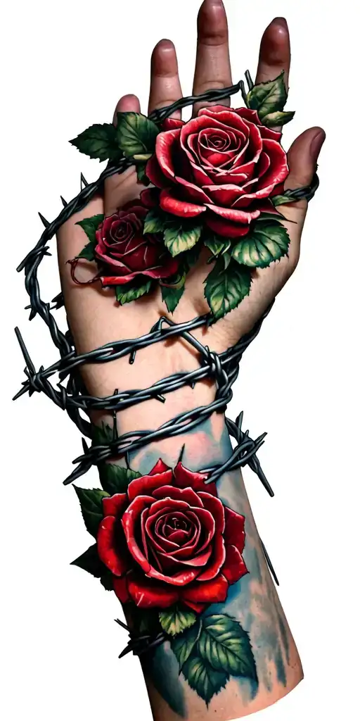 barbed wire and roses entwined tattoo design idea