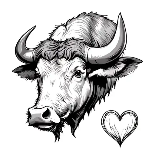 line art water buffalo head with heart tattoo design idea