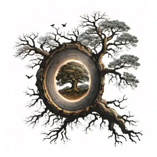 “Create an intricate tattoo design that blends nature and artistry. Start with a large, detailed tree ring as the outer  tattoo design idea