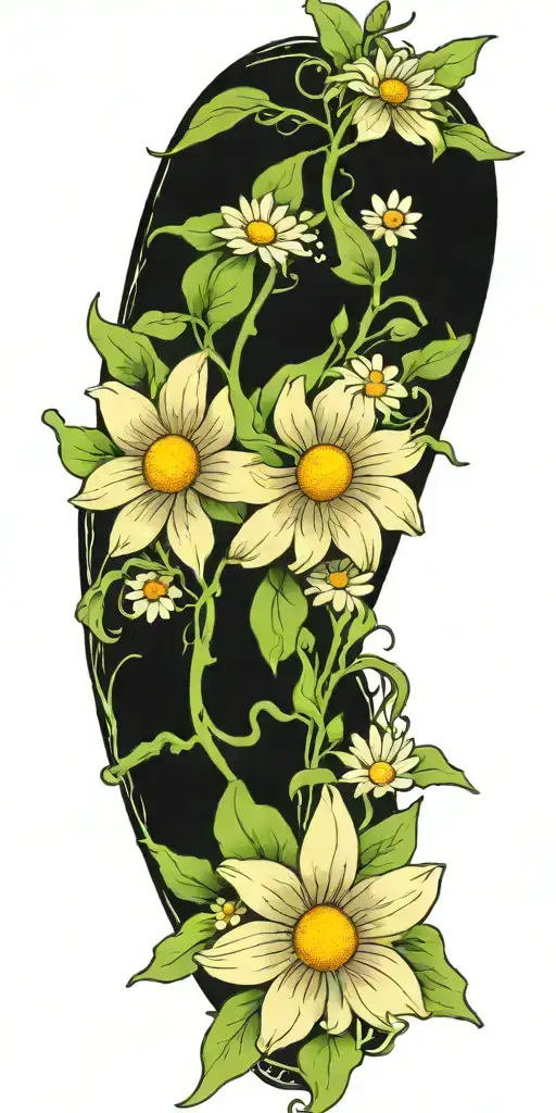 a single Long narrow vine with green leaves and daisy flowers tattoo design idea