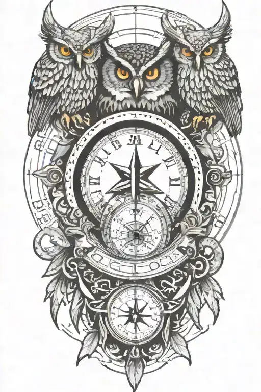 earth, moon, compass, time, owl, phoenix tattoo design idea