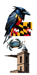 A Raven, bird and Oriole bird and Terrapin Turtle and Bromo Seltzer Arts Tower and blue crab and maryland flag tattoo design idea