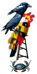 A Raven, bird and Oriole bird and Terrapin Turtle and Bromo Seltzer Arts Tower and blue crab and maryland flag tattoo design idea