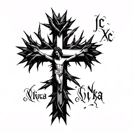 black cross from jesus christ and put his thorn crown at the top of the cross and write Ic Xc Nika at the corners tattoo design idea