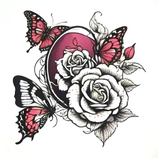 a Black and White Rugby ball with Gold Rose Roses and an ombré of magenta and Raspberry color to a dark red butterflies. tattoo design idea