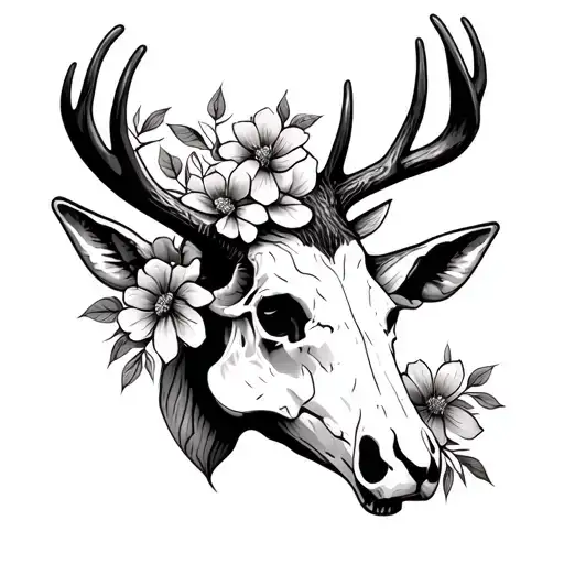 side profile realistic buck skull with flowers tattoo design idea