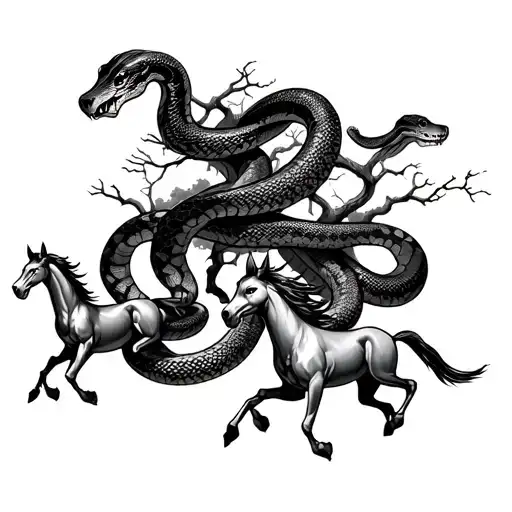 Snakes wrapped around four mini horses running with scary tree in the background  tattoo design idea