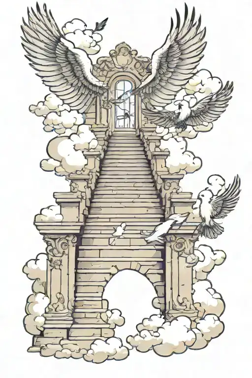 steps leading to gates of heaven with clouds and doves with the names Ciara, Michael, Jose, Analicia tattoo design idea