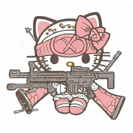 hello kitty wearing ski mask holding AR 15 simple tattoo design idea