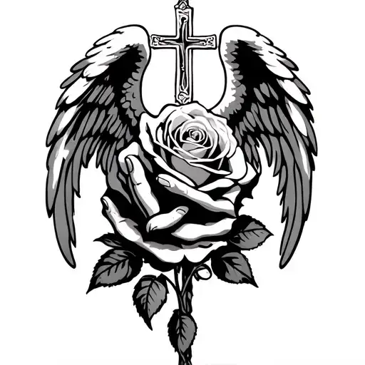 cross wrapped with angel wings and praying hands with the rosal cross hanging but the small cross is laying on rose tattoo design idea