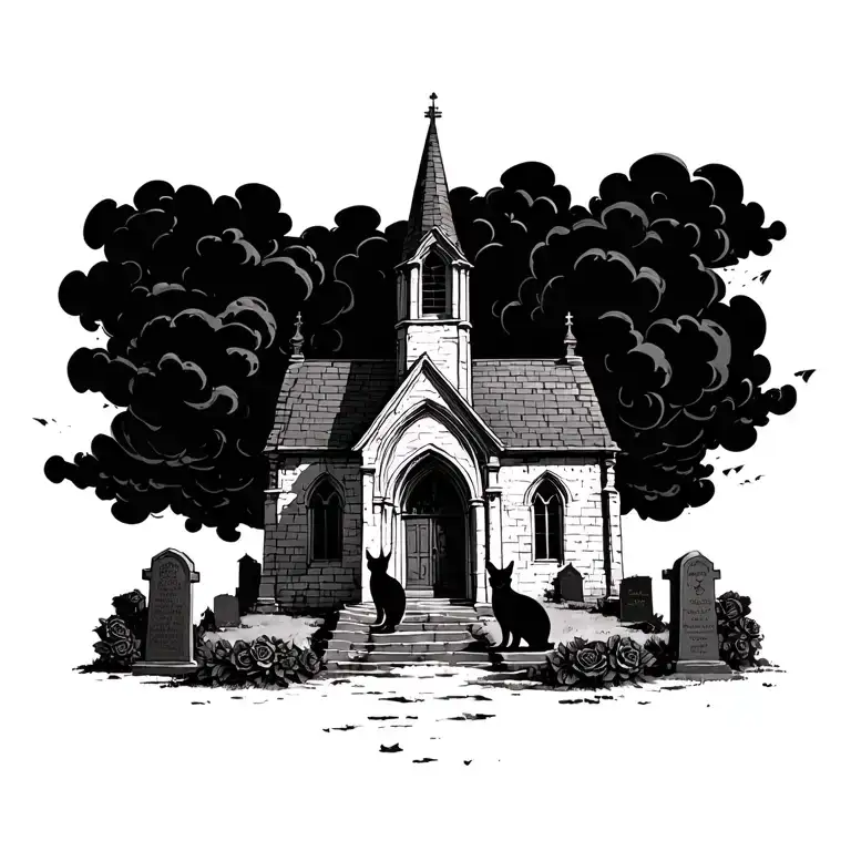 old abanond ruin  church  with dark clouds and grave stones and black rose bushes and two black cats tattoo design idea