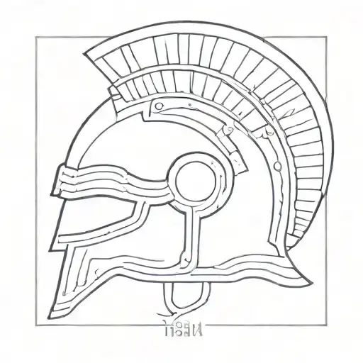 A minimalist tattoo design of a Roman centurion helmet, incorporating the date '31st December 1997' subtly in the design tattoo design idea