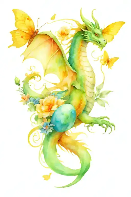 female dragon behind flowers and dragon egg butterflies tattoo design idea