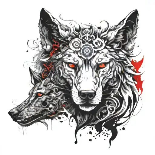 wolf heads like brahma vishnu shiva. 10 hands like nataraja. it should have realism and show balance of good and evil tattoo design idea
