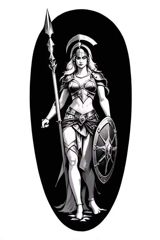 ares as a female spartan with spear and shield adorned tattoo design idea
