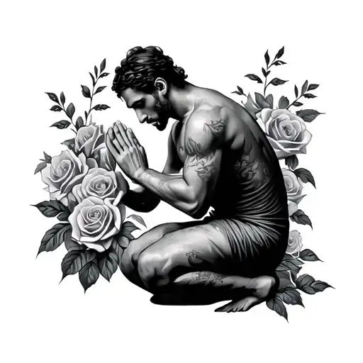 man on his knees praying hands, surrouned by roses  tattoo design idea