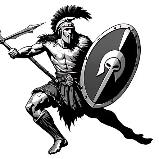 Spartan warrior with spear and shield,  black and white, plain white background, mid jump-attack. for tattoo, well defin tattoo design idea